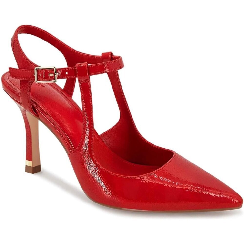 Coutgo Women's Red Pointed Toe Ankle Strap Patent Leather Stiletto High Heels